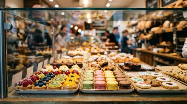 Bakery display case filled with fresh pastries and colorful macarons
