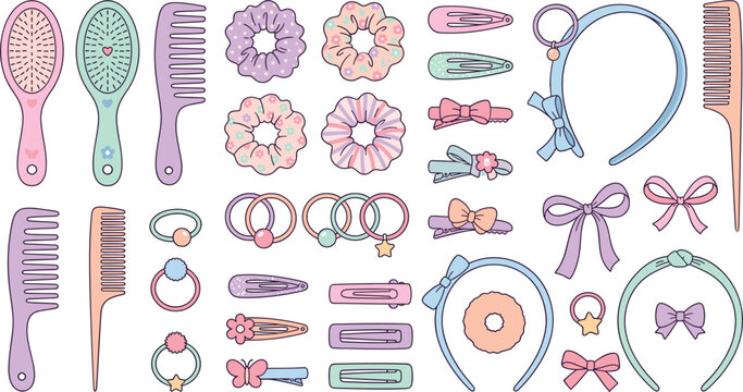 Cute hair accessories vector set, comb brush scrunchie headband hairpin bow doodle illustration design