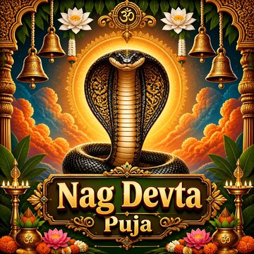 Nag devta puja banner with cobra snake, lotus flowers, hanging bells, and oil lamps for hindu festival nag panchami