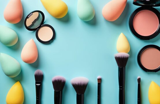 Cosmetic sponges and makeup brushes lay on pastel blue. Various tools for face beauty and application are neatly arranged. Includes powder compacts and blush for makeup artistry.