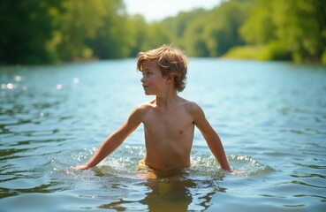 Fototapeta premium Young boy enters cool river on hot summer day. Child plays in refreshing blue water, enjoys nature, and pure carefree fun. Kid has wet hair and wears swim shorts.