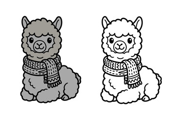 Fototapeta premium Colouring page of two adorable alpacas wearing scarves for kids colouring book