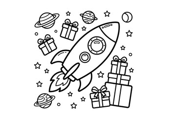 Space rocket colouring page for kids colouring book style illustration