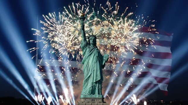 Statue Of Liberty Landmark With Waving American Flag