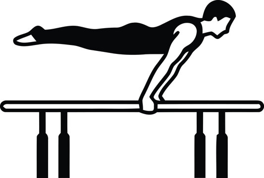 Gymnast doing push-up plank on parallel bars