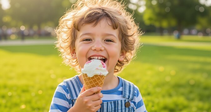 Happy child eating ice cream outdoors in summer
