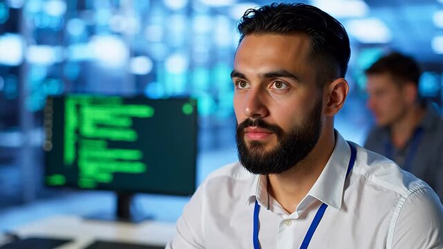 Man in office with computer code