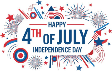 Obraz premium Fireworks illustration frames the Fourth of July text with vibrant red and blue bursts and geometric circles.