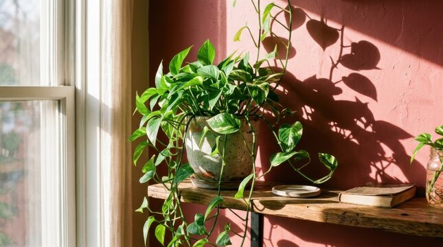 Sunlight casting harsh shadows from potted green pothos plant on pink wall