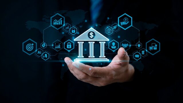 Digital banking concept with glowing bank building icon floating above palm hand, network of futuristic financial technology hexagons on dark background.