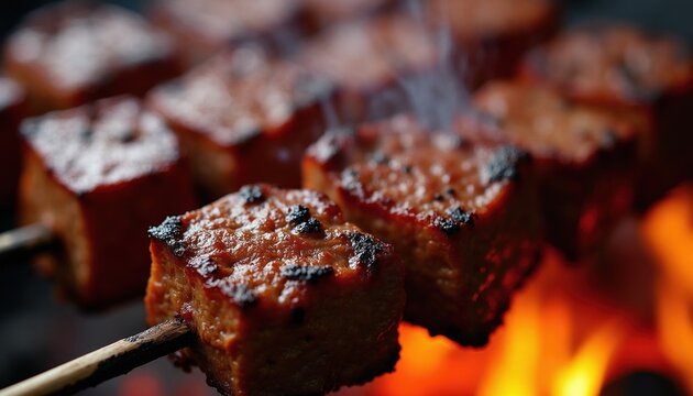 Meat cubes grilled on skewers over open fire. Juicy, charred food cooks on barbecue coals. Smoky flavor arises from delicious barbecued meat.