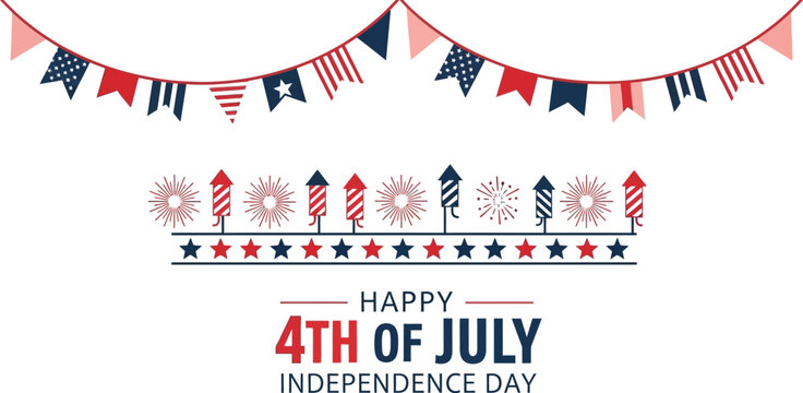 Bunting flags and firework rockets decorate this festive Independence Day graphic design element.