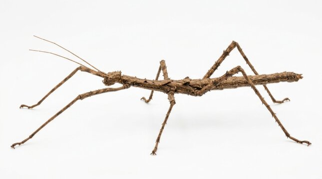 Stick insect walking stick bug isolated on white background