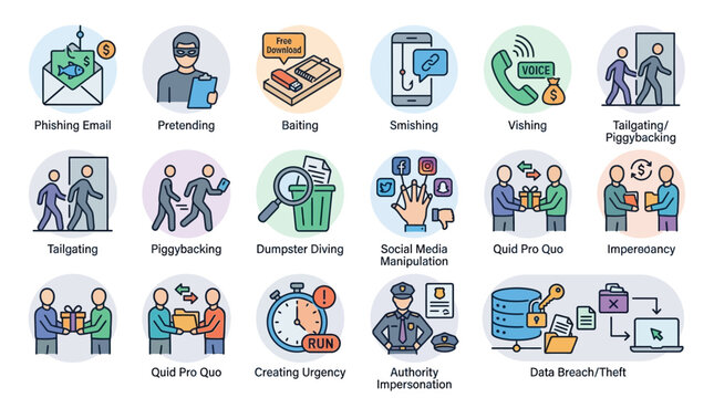 Cybercrime Icons: Phishing, Vishing, Data Breach, Impersonation, Scamming
