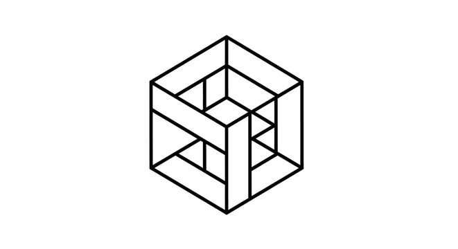 Mind-bending geometric optical illusion of a paradoxical impossible cube. Abstract line art drawing, conceptual design on white background.