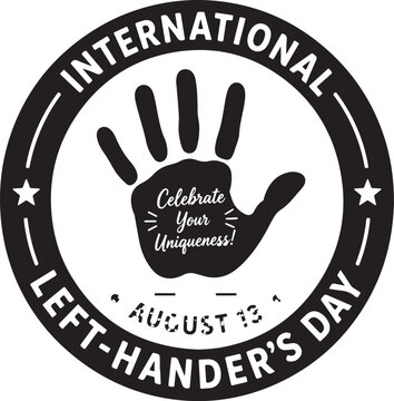 International left handers day badge with a black hand print and text design