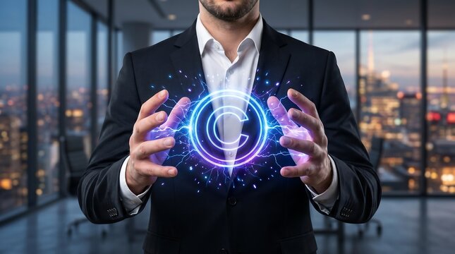 Business executive presenting a powerful, illuminated copyright symbol, signifying intellectual property, creative protection, and digital ownership.