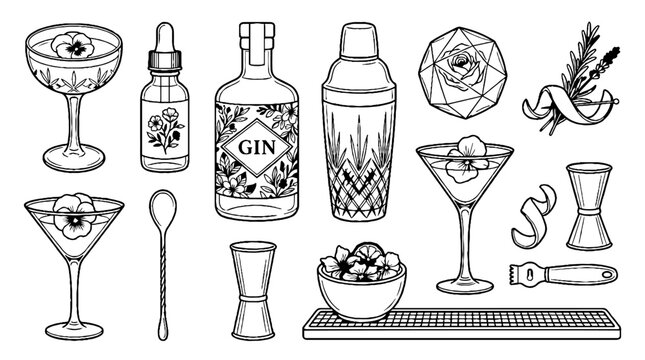 Hand drawn gin cocktail bar equipment and ingredients set in black and white line art style.