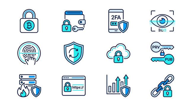 Cybersecurity Icons: Bitcoin, Wallet, 2FA, Biometrics, Cloud, Blockchain