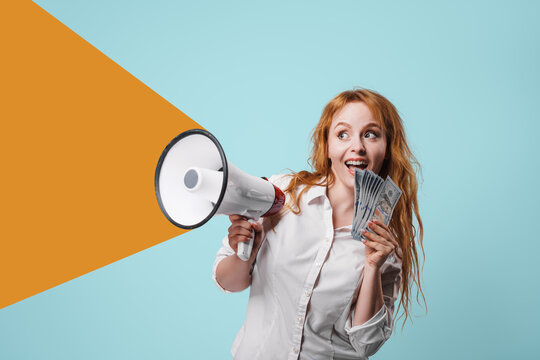 Flat design Illustration. A woman with a megaphone and bonus money. Promotion, action success business with isolated free area concept.