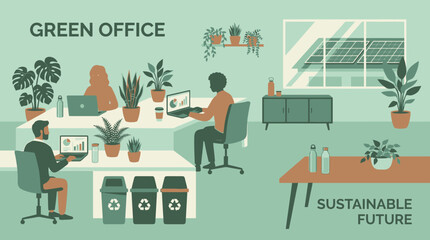 Naklejka premium People work sustainably in a green office with plants and technology