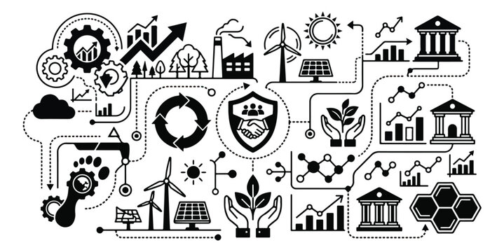 Sustainable ESG business ecosystem vector, green energy and corporate social responsibility icons, environmental social and governance concept