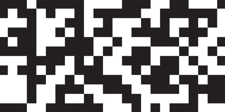 QR code abstract seamless pattern with black and white chaotic squares. Bw bg with matrix of encoded message or binary code for scanning by computer or smartphone. Vector monochrome tech background