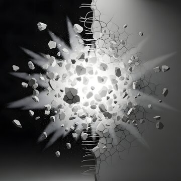 Abstract 3D illustration of a concrete wall exploding with bright light and flying debris