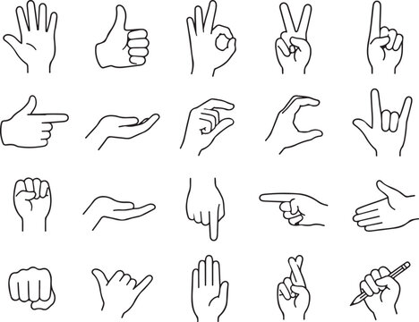 Collection of various hand gestures and finger signs in a simple line art style