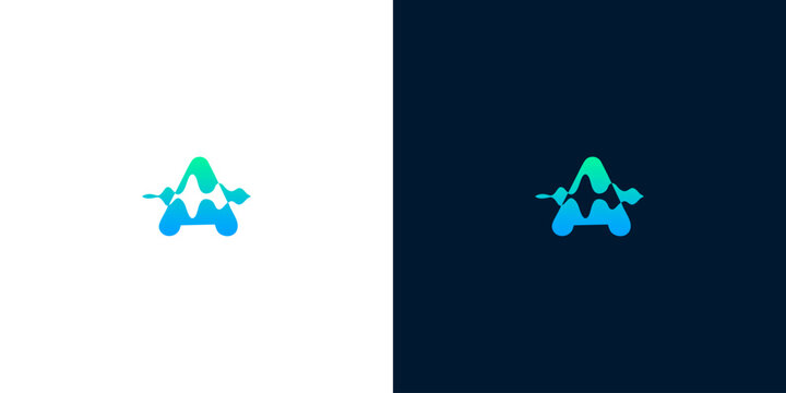 Modern abstract letter A logo design, seamlessly incorporating a vibrant audio equalizer wave, symbolizing innovation in sound technology and digital communication branding