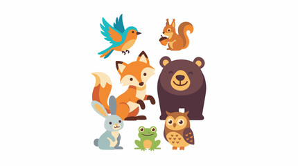 Fototapeta premium A colorful illustration of seven animals and one bird on a white background