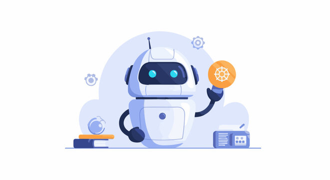 A robot holds an orange circle with a white logo