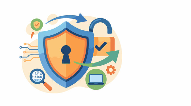 A shield and padlock with icons representing security and technology