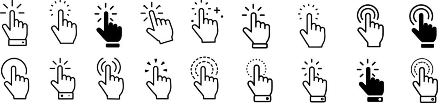 Hand click cursor icon with tap gesture rays. Black line art pointer symbol for touch UI and UX interaction on white background eps