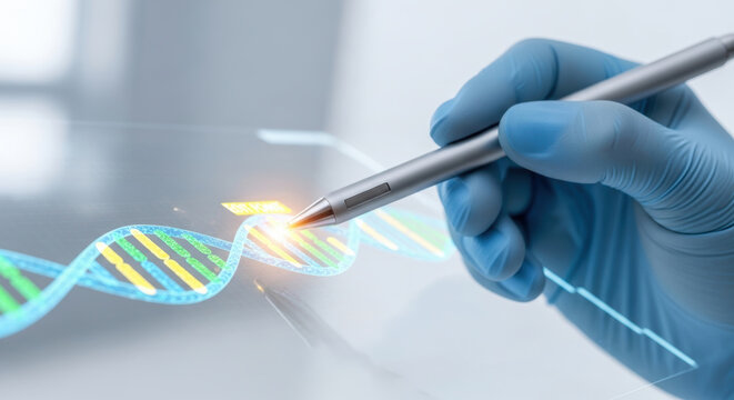 Microbiome health research gene editing concept showing gloved hand with stylus interacting with DNA strand in laboratory futuristic setting
