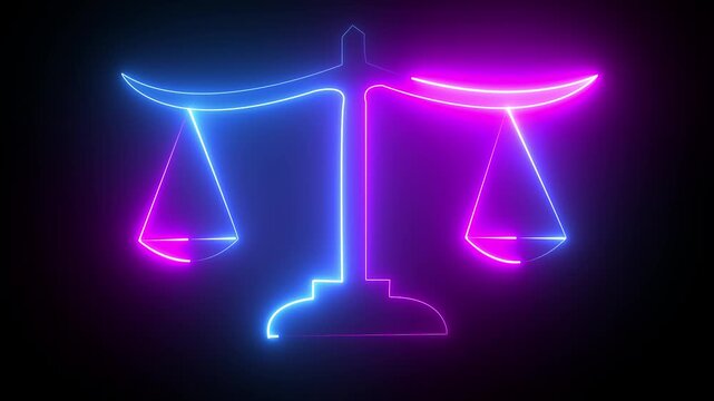 Glowing neon line Scales of justice icon isolated on black background. Court of law symbol. Balance scale sign. animation