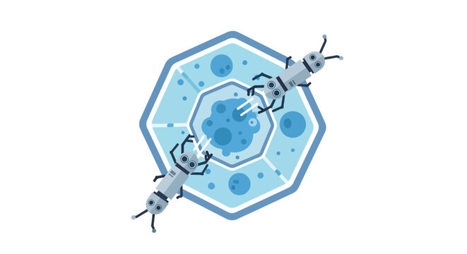 Nanobots Interacting with Biological Cell Illustration, Nanotechnology and Medical Robotics Concept