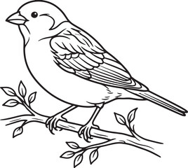 Fototapeta premium Perched Songbird on Twig with Leaves Line Art Illustration Black and White