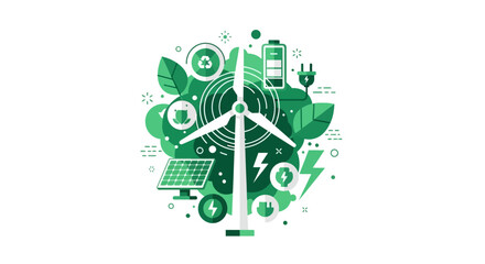Obraz premium Sustainable Renewable Energy Concept Illustration with Wind Turbine, Solar Panels, and Green Tech Icons on White Background