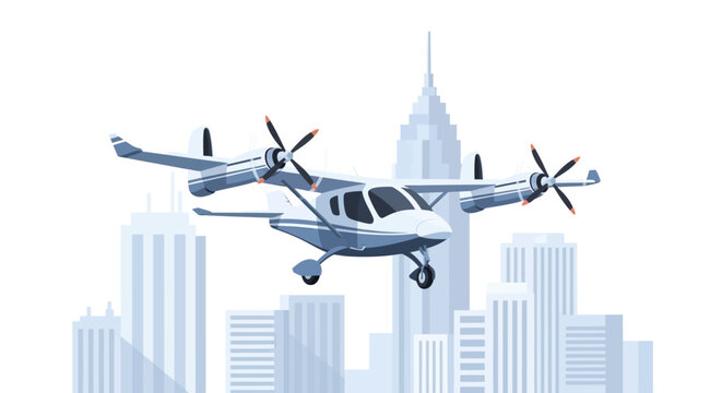 Futuristic Electric VTOL Aircraft Flying Over City Skyscrapers, Modern Urban Air Mobility and Sustainable Transportation Vector Illustration