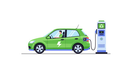 Naklejka premium Man Sitting in Green Electric Car Charging at EV Station, Eco-Friendly Transport and Sustainable Energy Vector Illustration