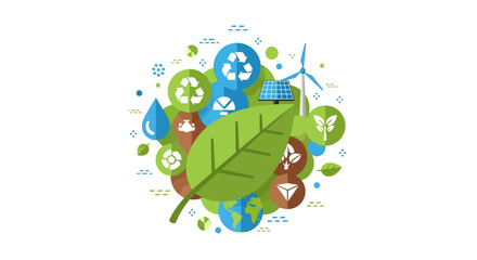 Fototapeta premium Ecology and Sustainability Concept Vector Illustration with Green Energy Icons, Solar Panels, Wind Turbines, and Recycle Symbols