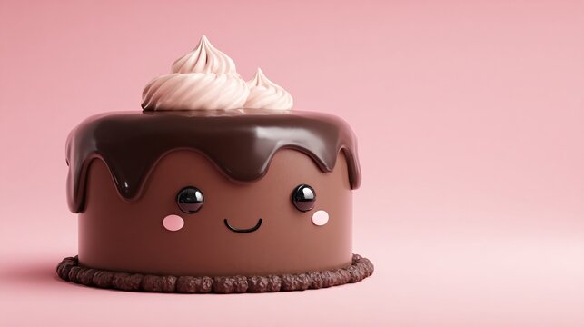 Adorable chocolate cake with whipped cream and cheerful face decoration on pink background