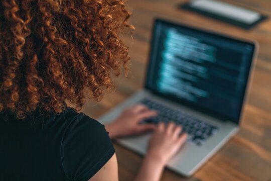 Developer and programmer woman with curly hair typing code on a laptop screen