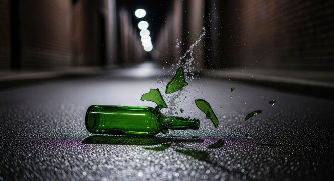 Broken green glass bottle on dark urban asphalt pavement.