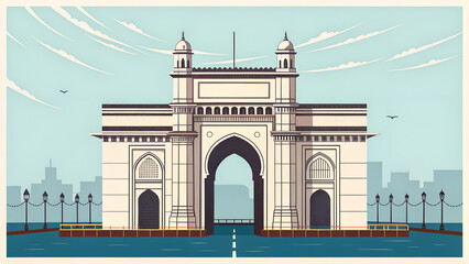 Naklejka premium Gateway of India, Mumbai, modern vector illustration, limited color palette, flat architectural detail, crisp lines