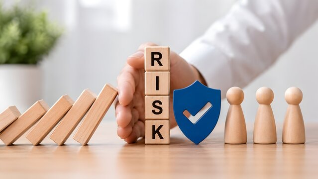 Risk management and business protection concept with hand stopping falling dominoes using a shield and risk blocks