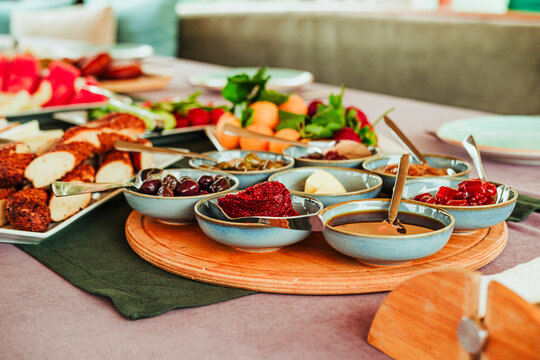 traditional turkish breakfast feast with rich variety on table photos series