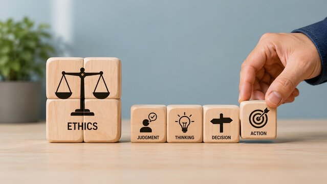Ethical business decision making framework showing hand completing a sequence of wooden blocks from judgment to action