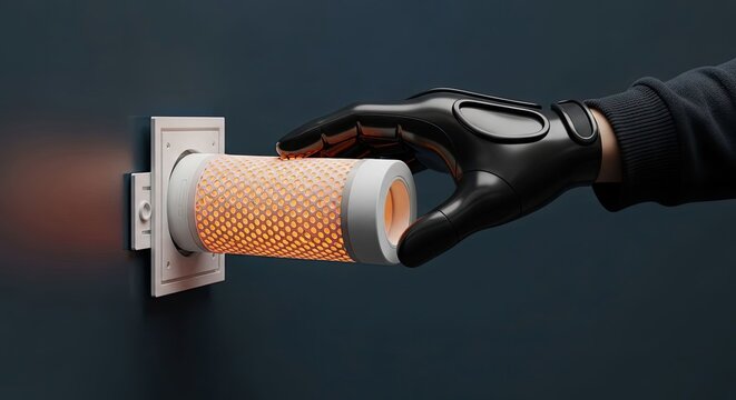 Hand plugging heater device into wall outlet.